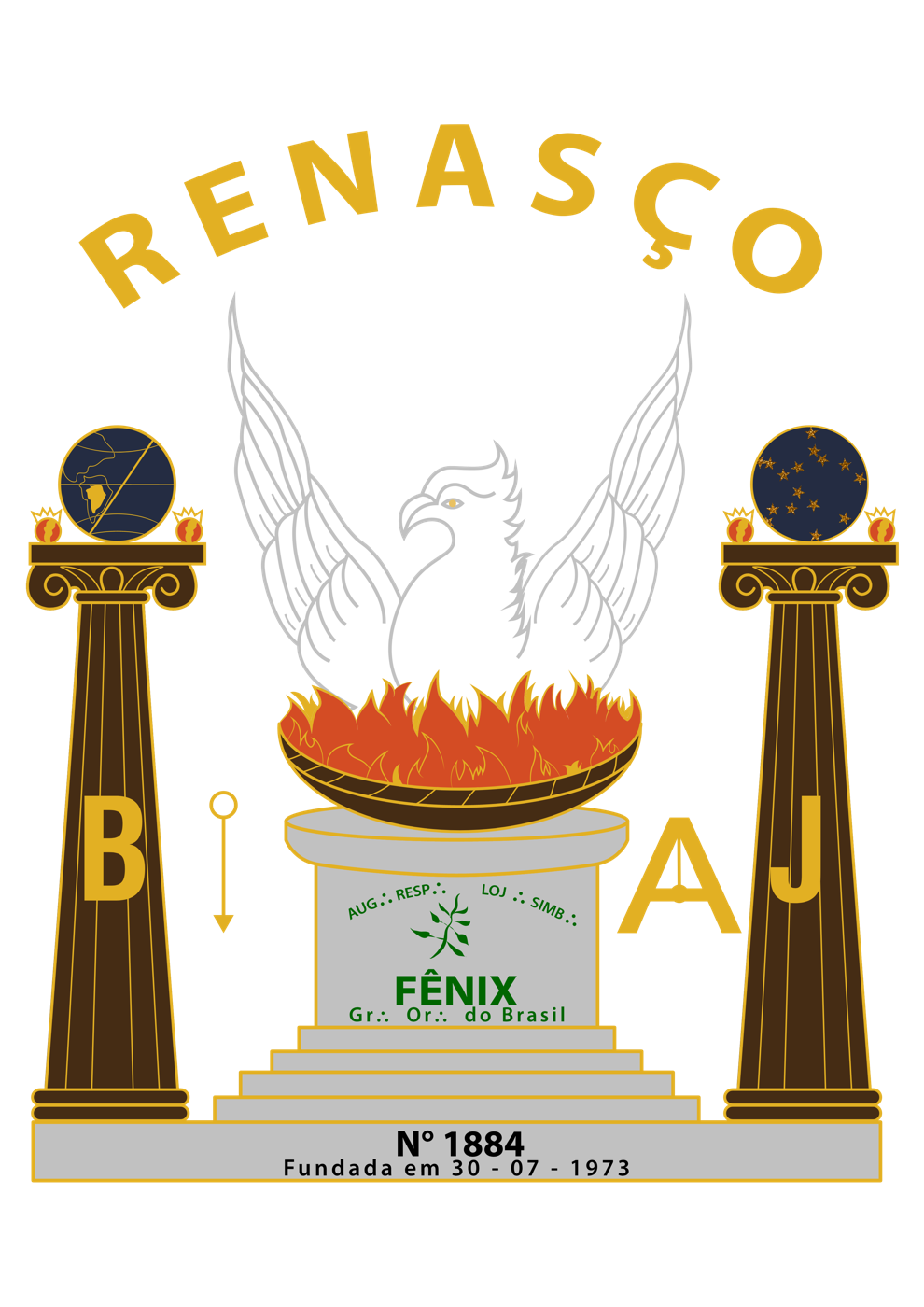 Estandarte da Loja: a palavra RENASÇO em arco dourado no alto; ao centro, uma fênix branca de asas abertas erguendo-se de uma braseira em chamas; ladeando-a, duas colunas com os capitéis B e J, encimadas pelo globo terrestre à esquerda e pelo globo celeste estrelado à direita; abaixo, um altar em degraus com um ramo de acácia e a inscrição AUG RESP LOJ SIMB FÊNIX, Gr Or do Brasil; na base, Nº 1884, fundada em 30-07-1973.